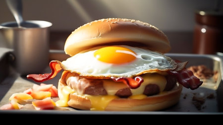 breakfast, Bacon and eggs in pan, product and cheese burger with fresh milk photography. Goodmorning light wiht breakfast burger, Generative AI, illustrationの素材