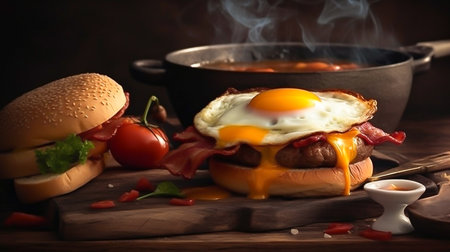 breakfast, Bacon and eggs in pan, product and cheese burger with fresh milk photography. Goodmorning light wiht breakfast burger, Generative AI, illustrationの素材