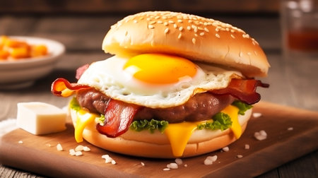 breakfast, Bacon and eggs in pan, product and cheese burger with fresh milk photography. Goodmorning light wiht breakfast burger, Generative AI, illustrationの素材