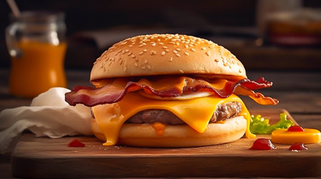 breakfast, Bacon and eggs in pan, product and cheese burger with fresh milk photography. Goodmorning light wiht breakfast burger, Generative AI, illustrationの素材