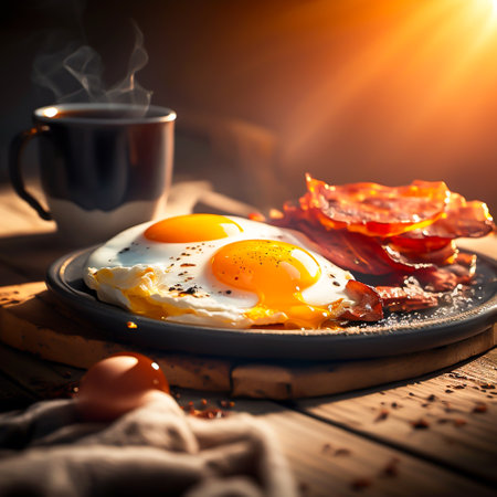 breakfast, Bacon and eggs in pan, product and cheese burger with fresh milk photography. Goodmorning light wiht breakfast burger, Generative AI, illustrationの素材
