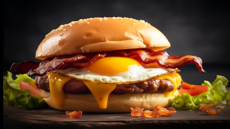 breakfast, Bacon and eggs in pan, product and cheese burger with fresh milk photography. Goodmorning light wiht breakfast burger, Generative AI, illustrationの素材
