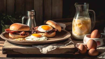 breakfast, Bacon and eggs in pan, product and cheese burger with fresh milk photography. Goodmorning light wiht breakfast burger, Generative AI, illustrationの素材