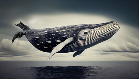 flying whale go to the moon. Cryptocurrency whale holder and buyer with soaring stock trading pricesの素材