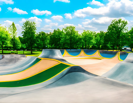 Skate Park in the daytime. unique images, Warm sunshine. Generative AI, illustrationの素材