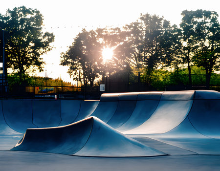 Skate Park in the daytime. unique images, Warm sunshine. Generative AI, illustrationの素材