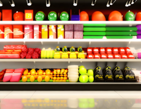 Blurred Background Abstract Bokeh Shelving unit in Shopping store supermarket look at the lights. Generative AI, illustrationの素材