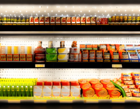 Blurred Background Abstract Bokeh Shelving unit in Shopping store supermarket look at the lights. Generative AI, illustrationの素材