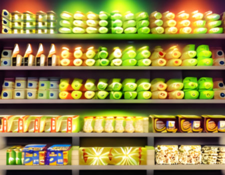 Blurred Background Abstract Bokeh Shelving unit in Shopping store supermarket look at the lights. Generative AI, illustrationの素材