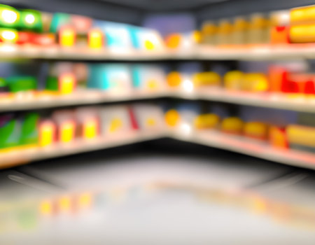 Blurred Background Abstract Bokeh Shelving unit in Shopping store supermarket look at the lights. Generative AI, illustrationの素材