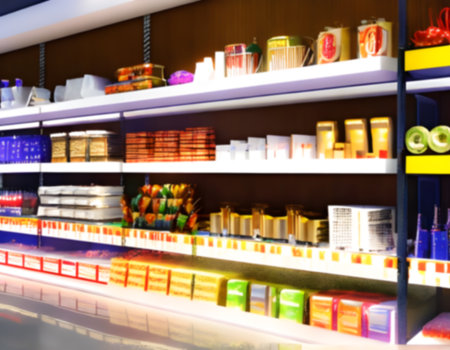 Blurred Background Abstract Bokeh Shelving unit in Shopping store supermarket look at the lights. Generative AI, illustrationの素材
