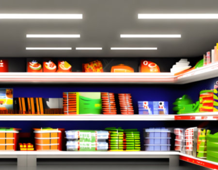 Blurred Background Abstract Bokeh Shelving unit in Shopping store supermarket look at the lights. Generative AI, illustrationの素材