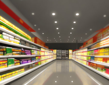 Blurred Background Abstract Bokeh Shelving unit in Shopping store supermarket look at the lights. Generative AI, illustrationの素材