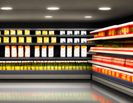 Blurred Background Abstract Bokeh Shelving unit in Shopping store supermarket look at the lights. Generative AI, illustrationの素材