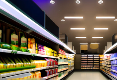 Blurred Background Abstract Bokeh Shelving unit in Shopping store supermarket look at the lights. Generative AI, illustrationの素材
