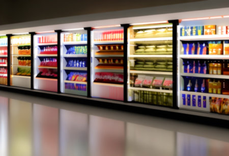 Blurred Background Abstract Bokeh Shelving unit in Shopping store supermarket look at the lights. Generative AI, illustrationの素材