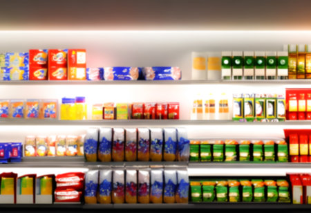 Blurred Background Abstract Bokeh Shelving unit in Shopping store supermarket look at the lights. Generative AI, illustrationの素材