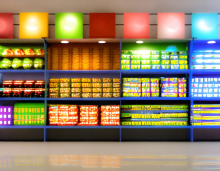 Blurred Background Abstract Bokeh Shelving unit in Shopping store supermarket look at the lights. Generative AI, illustrationの素材