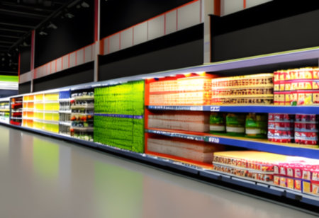 Blurred Background Abstract Bokeh Shelving unit in Shopping store supermarket look at the lights. Generative AI, illustrationの素材