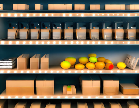 Blurred Background Abstract Bokeh Shelving unit in Shopping store supermarket look at the lights. Generative AI, illustrationの素材