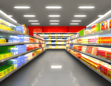 Blurred Background Abstract Bokeh Shelving unit in Shopping store supermarket look at the lights. Generative AI, illustrationの素材