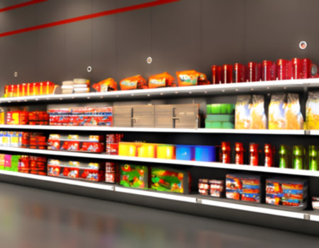 Blurred Background Abstract Bokeh Shelving unit in Shopping store supermarket look at the lights. Generative AI, illustrationの素材