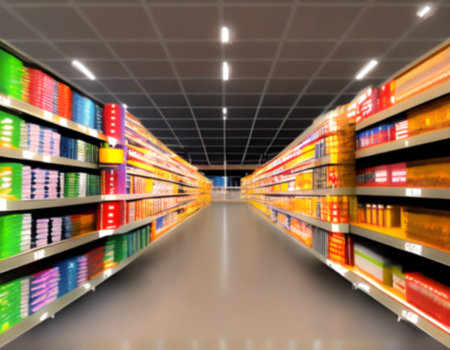 Blurred Background Abstract Bokeh Shelving unit in Shopping store supermarket look at the lights. Generative AI, illustrationの素材