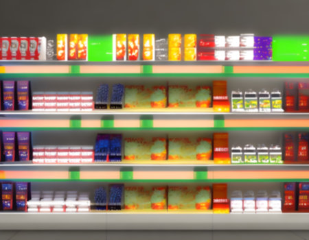 Blurred Background Abstract Bokeh Shelving unit in Shopping store supermarket look at the lights. Generative AI, illustrationの素材