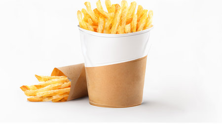 French fries or potato chips with Salted and ketchup. Yummy french fries in a paper cup with tasty. potato fry on white background. Generative AI, illustrationの素材