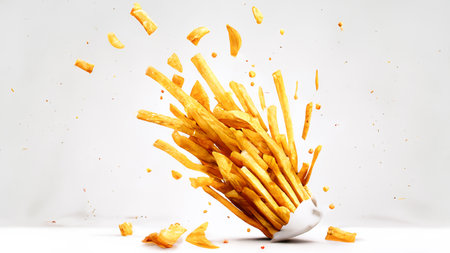 French fries or potato chips with Salted and ketchup. Yummy french fries in a paper cup with tasty. potato fry on white background. Generative AI, illustrationの素材