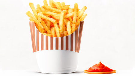 French fries or potato chips with Salted and ketchup. Yummy french fries in a paper cup with tasty. potato fry on white background. Generative AI, illustrationの素材