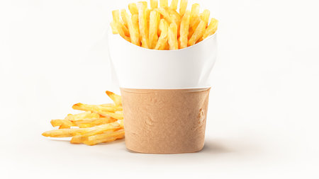 French fries or potato chips with Salted and ketchup. Yummy french fries in a paper cup with tasty. potato fry on white background. Generative AI, illustrationの素材