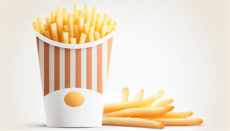 French fries or potato chips with Salted and ketchup. Yummy french fries in a paper cup with tasty. potato fry on white background. Generative AI, illustrationの素材