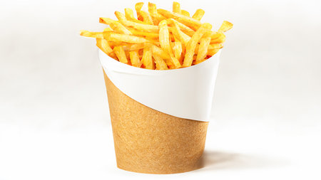 French fries or potato chips with Salted and ketchup. Yummy french fries in a paper cup with tasty. potato fry on white background. Generative AI, illustrationの素材