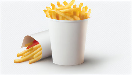 French fries or potato chips with Salted and ketchup. Yummy french fries in a paper cup with tasty. potato fry on white background. Generative AI, illustrationの素材