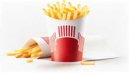 French fries or potato chips with Salted and ketchup. Yummy french fries in a paper cup with tasty. potato fry on white background. Generative AI, illustrationの素材