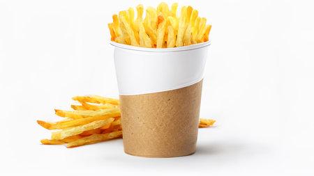 French fries or potato chips with Salted and ketchup. Yummy french fries in a paper cup with tasty. potato fry on white background. Generative AI, illustrationの素材