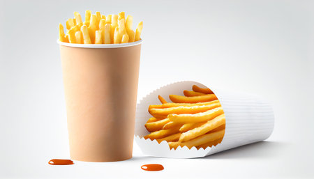 French fries or potato chips with Salted and ketchup. Yummy french fries in a paper cup with tasty. potato fry on white background. Generative AI, illustrationの素材