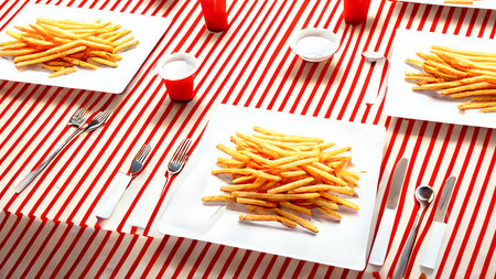 French fries or potato chips with Salted and ketchup. Yummy french fries in a paper cup with tasty. potato fry on white background. Generative AI, illustrationの素材