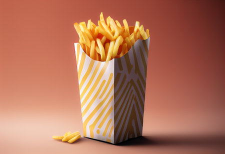 French fries or potato chips with Salted and ketchup. Yummy french fries in a paper cup with tasty. potato fry on white background. Generative AI, illustrationの素材