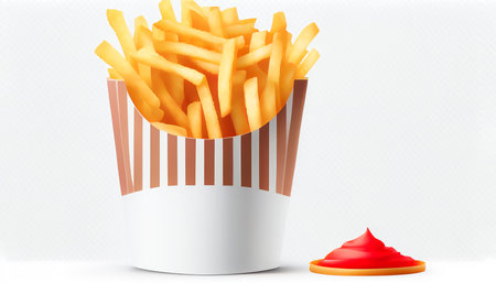 French fries or potato chips with Salted and ketchup. Yummy french fries in a paper cup with tasty. potato fry on white background. Generative AI, illustrationの素材