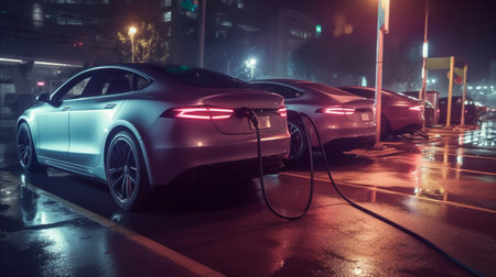 Cars use electric power to charging at the power outlet. cable between EV car and power outlet stand. Public charge station for electric cars. concept stop climate change, Generative AI, illustrationの素材