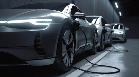 Cars use electric power to charging at the power outlet. cable between EV car and power outlet stand. Public charge station for electric cars. concept stop climate change, Generative AI, illustrationの素材