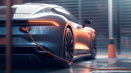 Cars use electric power to charging at the power outlet. cable between EV car and power outlet stand. Public charge station for electric cars. concept stop climate change, Generative AI, illustrationの素材