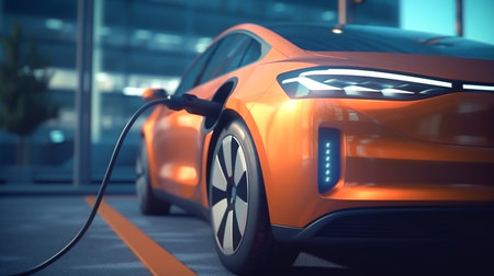 Cars use electric power to charging at the power outlet. cable between EV car and power outlet stand. Public charge station for electric cars. concept stop climate change, Generative AI, illustrationの素材