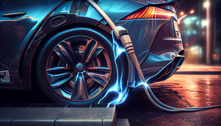 Cars use electric power to charging at the power outlet. cable between EV car and power outlet stand. Public charge station for electric cars. concept stop climate change, Generative AI, illustrationの素材