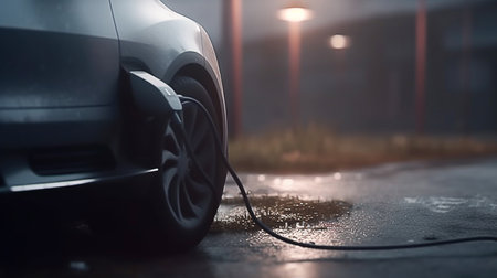 Cars use electric power to charging at the power outlet. cable between EV car and power outlet stand. Public charge station for electric cars. concept stop climate change, Generative AI, illustrationの素材