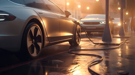 Cars use electric power to charging at the power outlet. cable between EV car and power outlet stand. Public charge station for electric cars. concept stop climate change, Generative AI, illustrationの素材