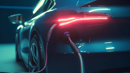 Cars use electric power to charging at the power outlet. cable between EV car and power outlet stand. Public charge station for electric cars. concept stop climate change, Generative AI, illustrationの素材