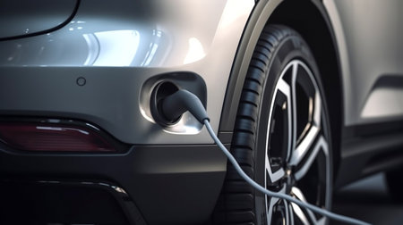 Cars use electric power to charging at the power outlet. cable between EV car and power outlet stand. Public charge station for electric cars. concept stop climate change, Generative AI, illustrationの素材